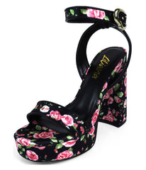 Black Floral Square Toe Platform Heels