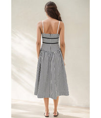 Black Gingham Spaghetti Strap Midi Dress