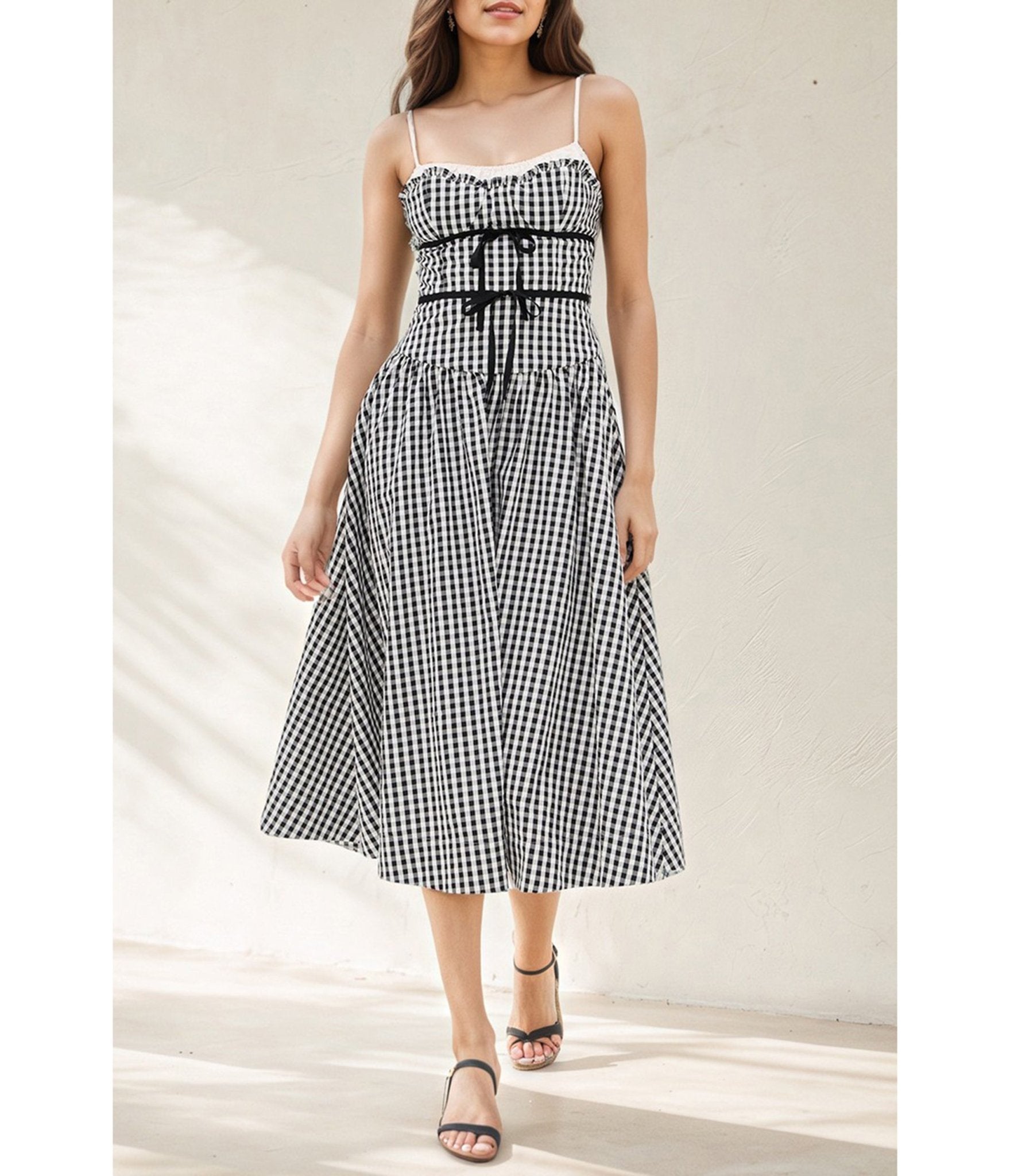 Black Gingham Spaghetti Strap Midi Dress