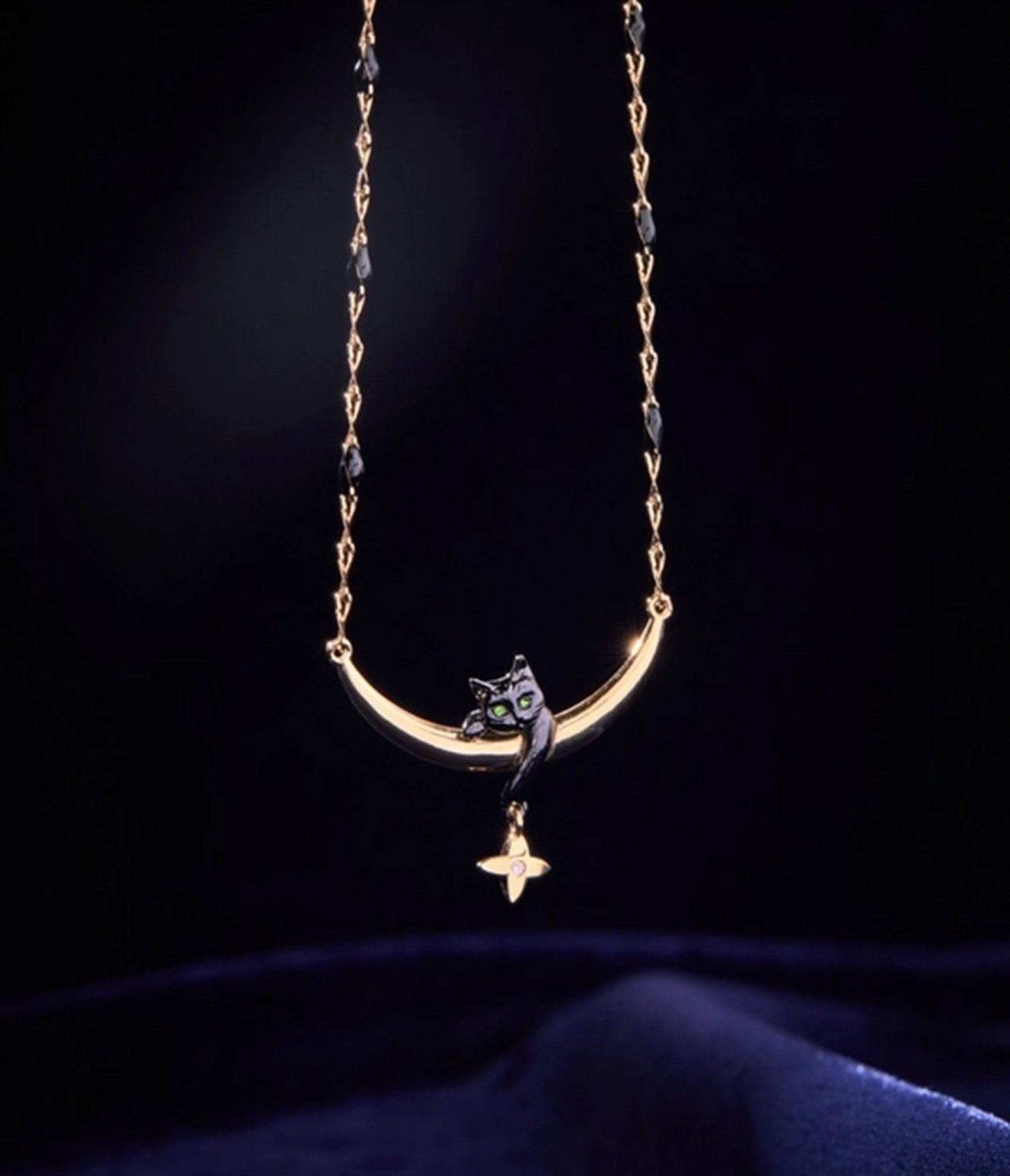 Black Gold Cat & Crescent Moon Charm Pendant Necklace