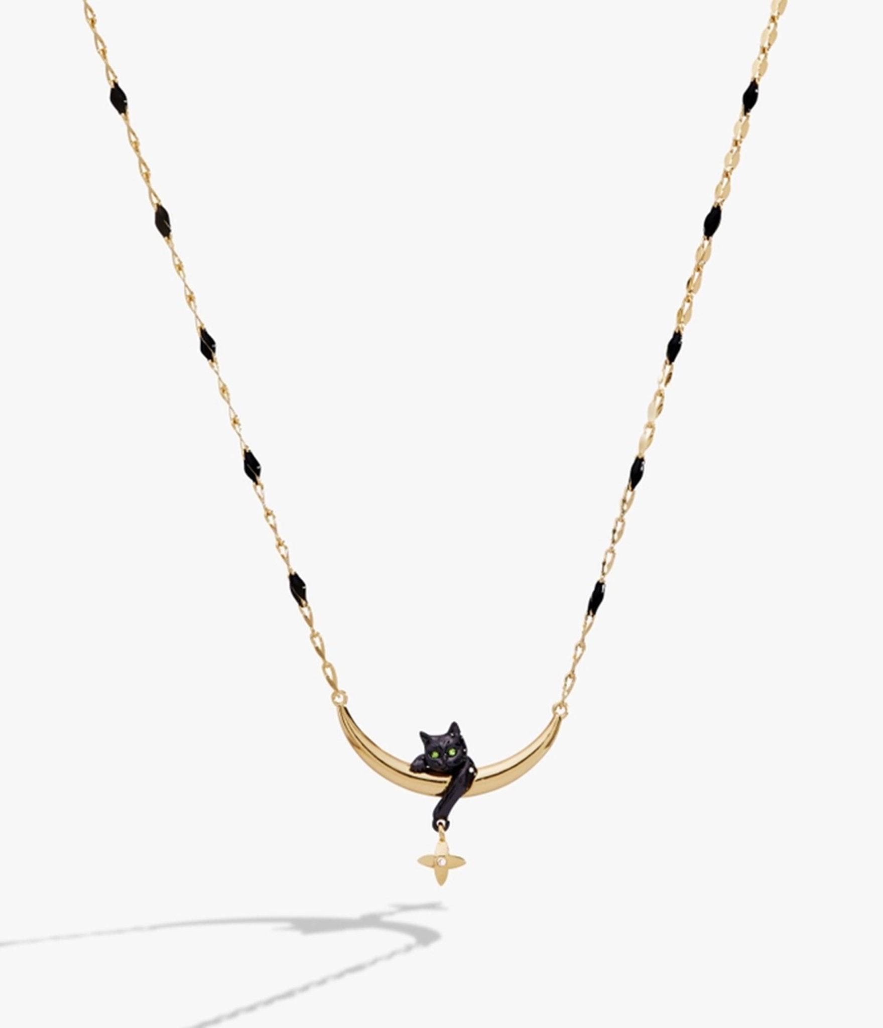 Black Gold Cat & Crescent Moon Charm Pendant Necklace