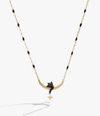 Black Gold Cat & Crescent Moon Charm Pendant Necklace