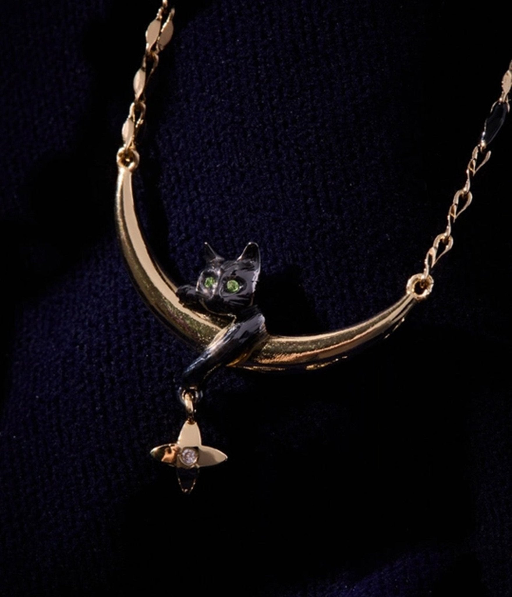 Black Gold Cat & Crescent Moon Charm Pendant Necklace