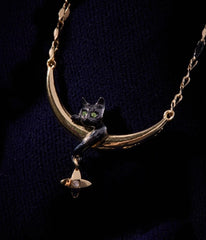Black Gold Cat & Crescent Moon Charm Pendant Necklace