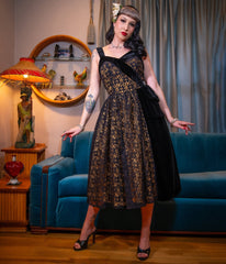 Black & Gold Floral Lace Swing Dress