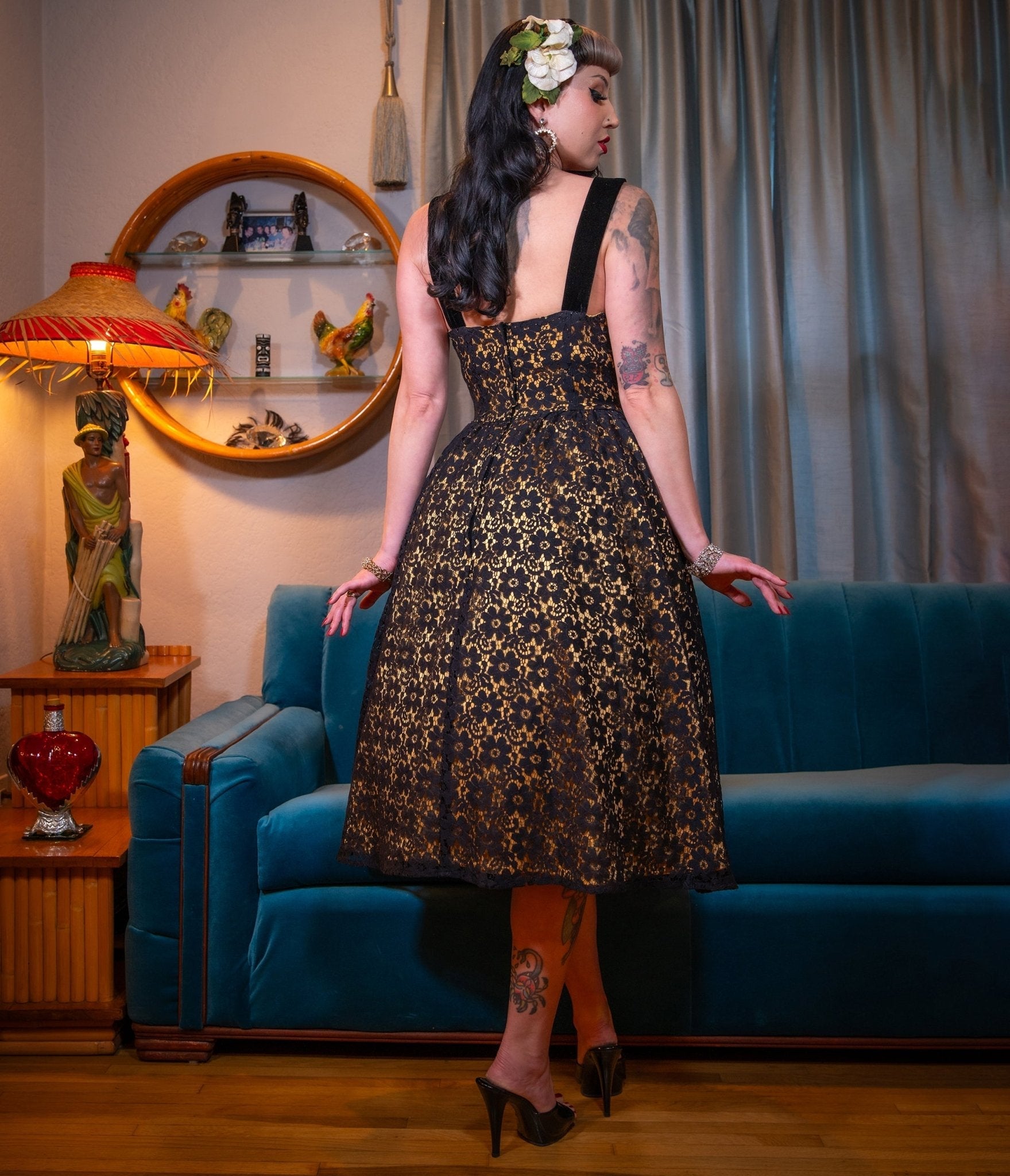 Black & Gold Floral Lace Swing Dress