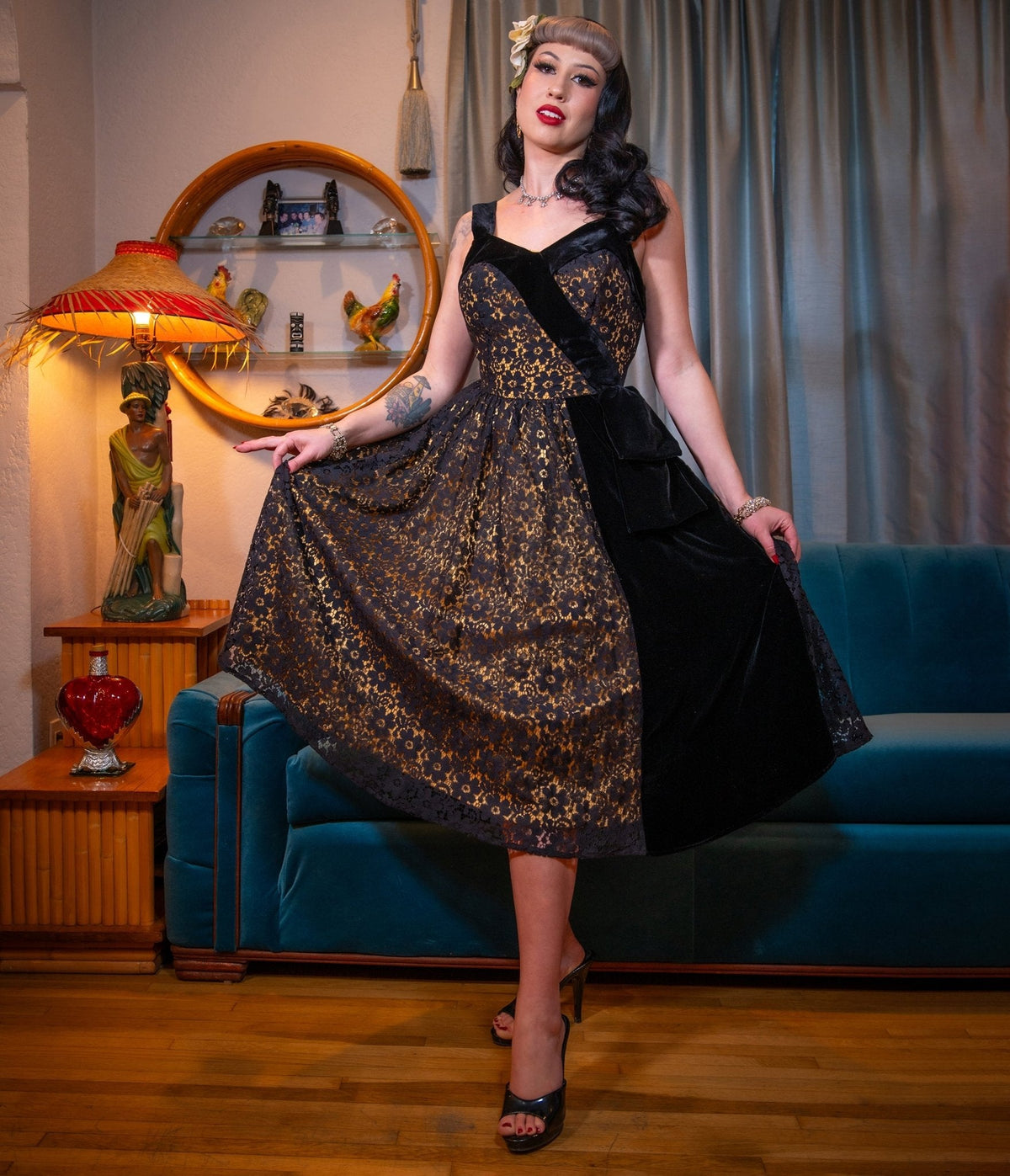 Black & Gold Floral Lace Swing Dress