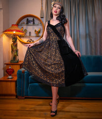 Black & Gold Floral Lace Swing Dress