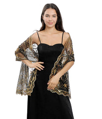 Black & Gold Stars & Moon Embroidered Shawl