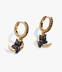 Black & Gold Tone Cat & Crescent Moon Hoop Earrings