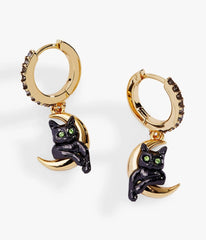Black & Gold Tone Cat & Crescent Moon Hoop Earrings