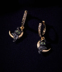 Black & Gold Tone Cat & Crescent Moon Hoop Earrings