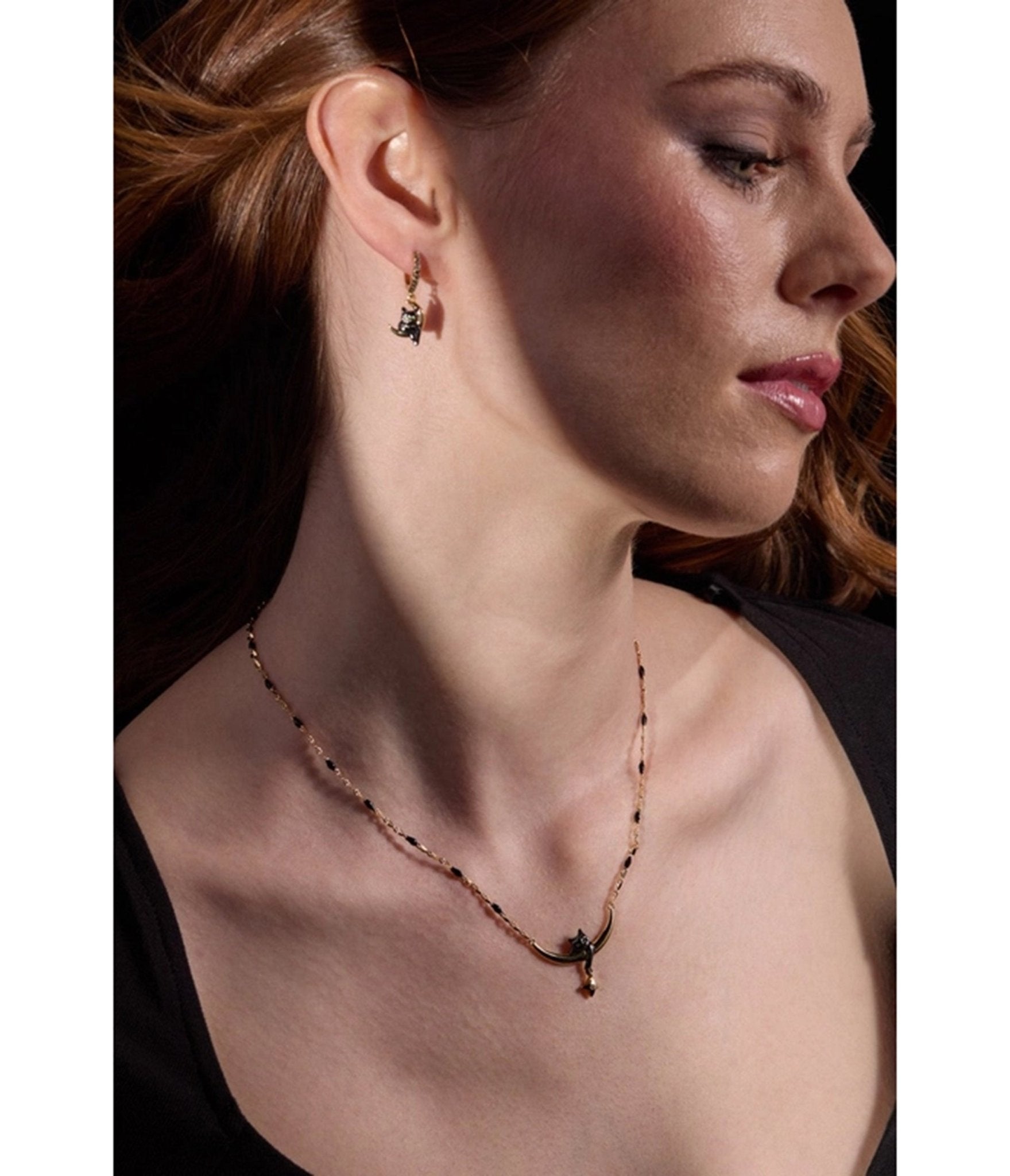 Black & Gold Tone Cat & Crescent Moon Hoop Earrings