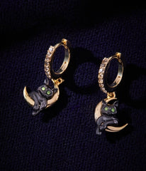 Black & Gold Tone Cat & Crescent Moon Hoop Earrings