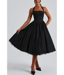 Black Halter Flare Midi Dress