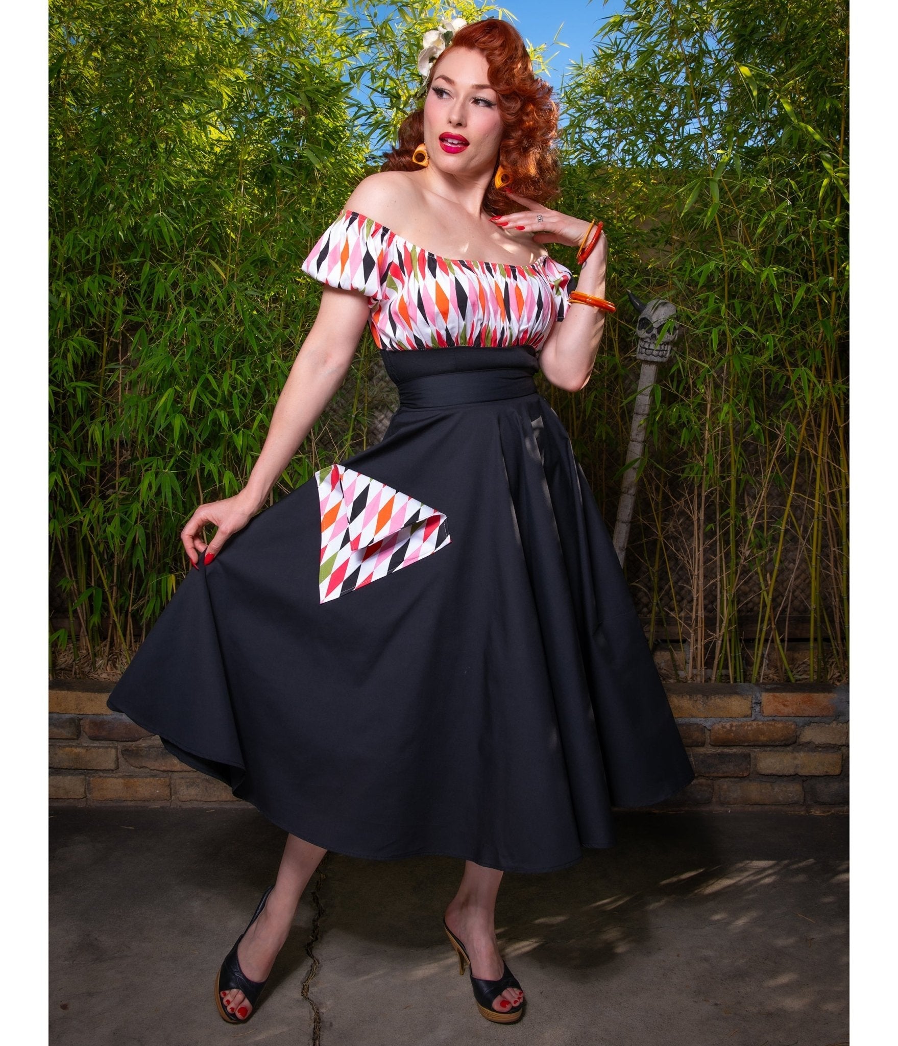 Black Harlequin Pocket Swing Skirt