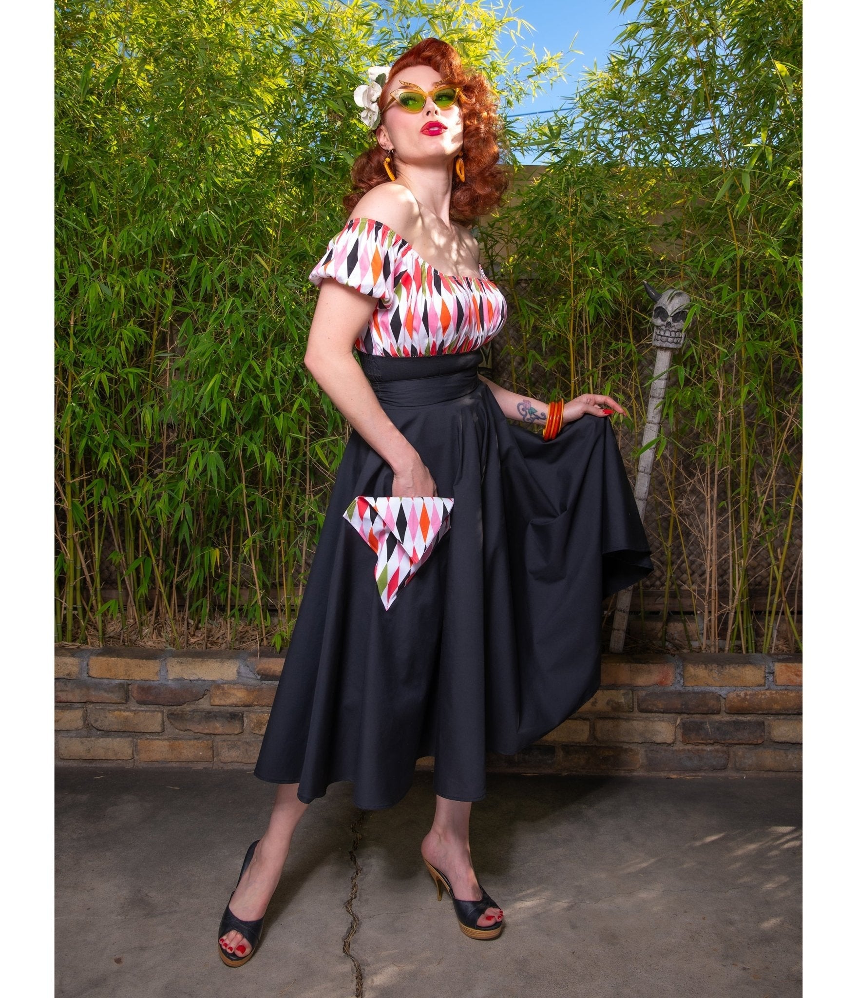 Black Harlequin Pocket Swing Skirt