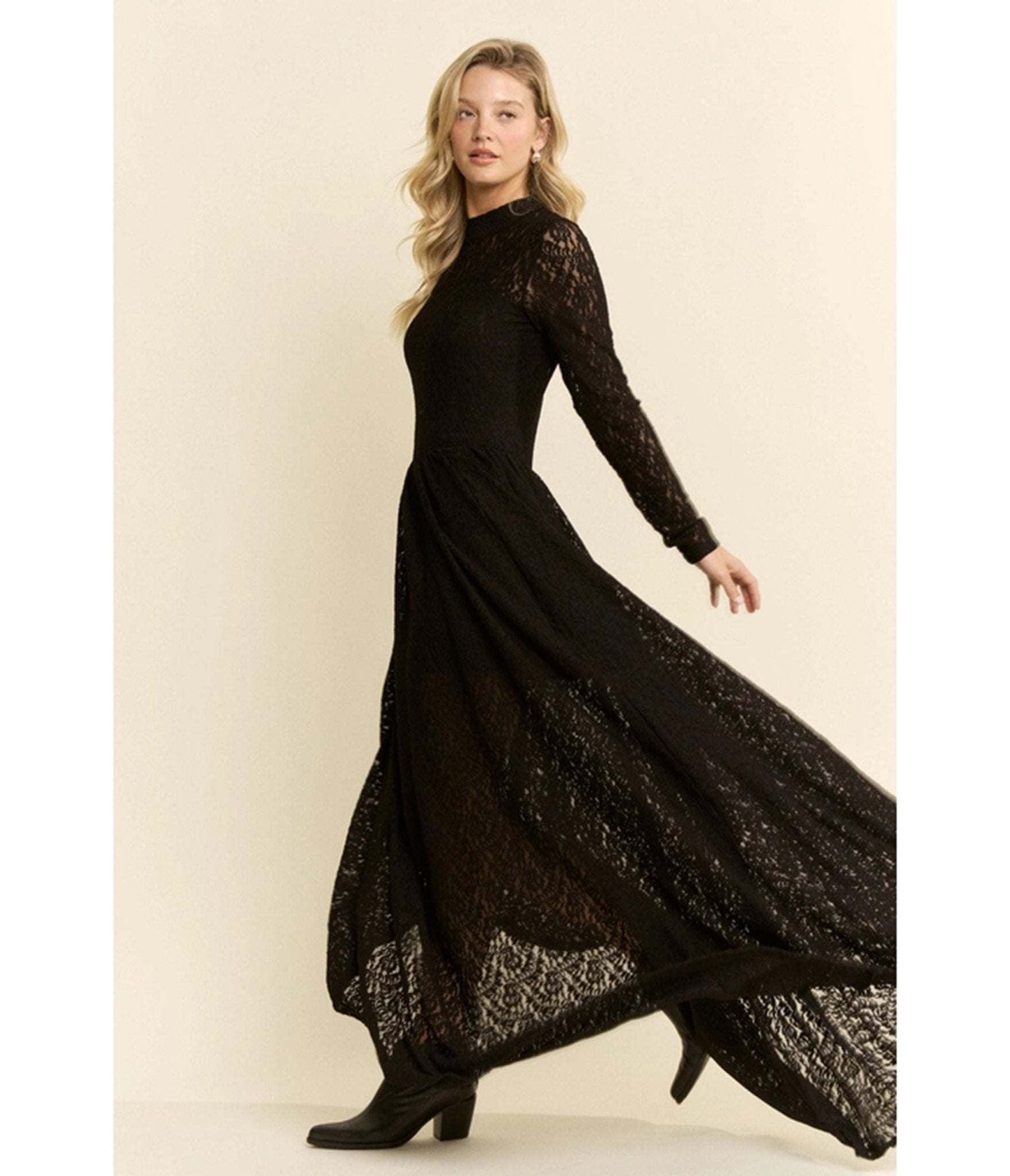 Black Lace Long Sleeve Maxi Dress