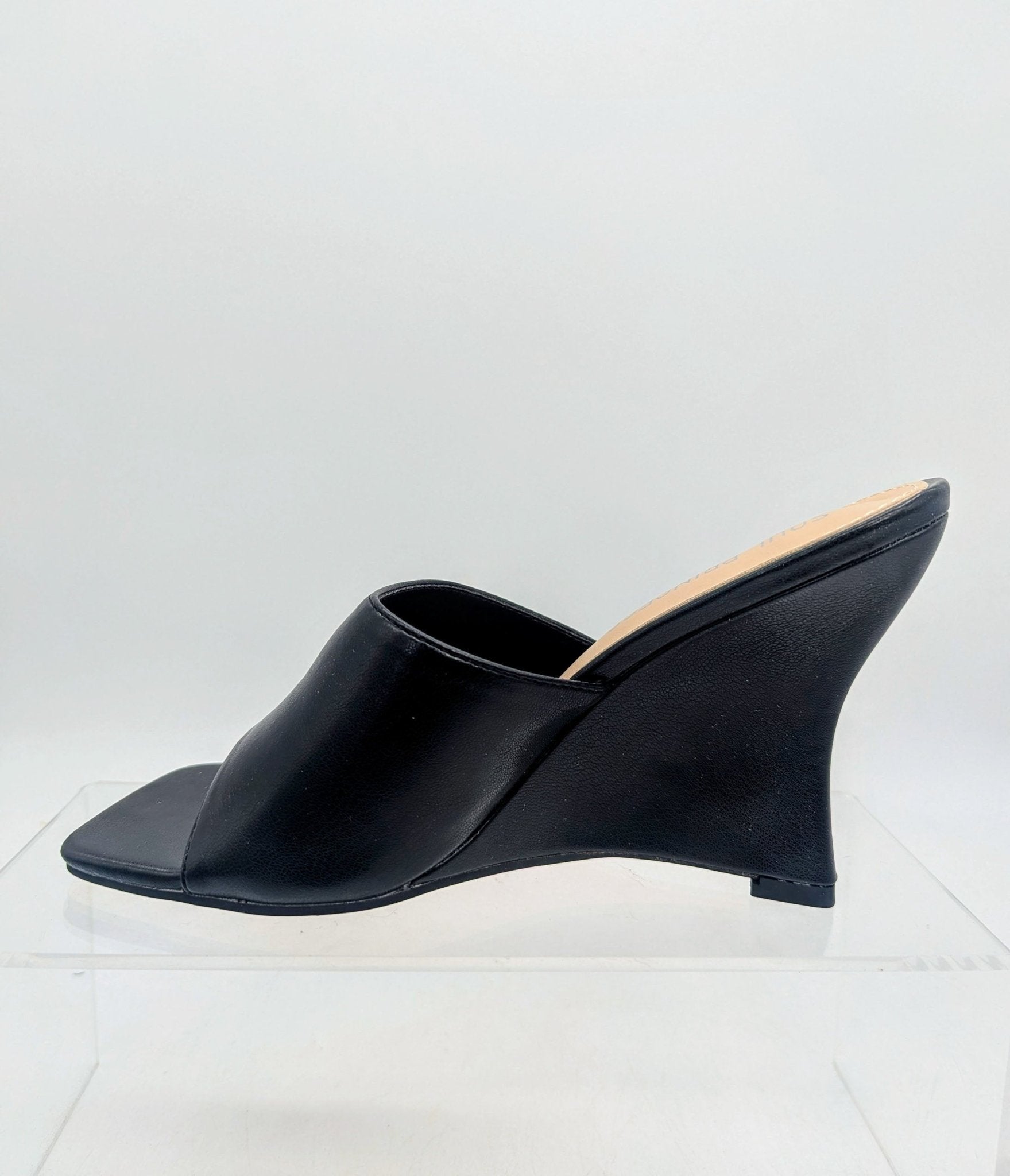 Black Leatherette Mule Wedges