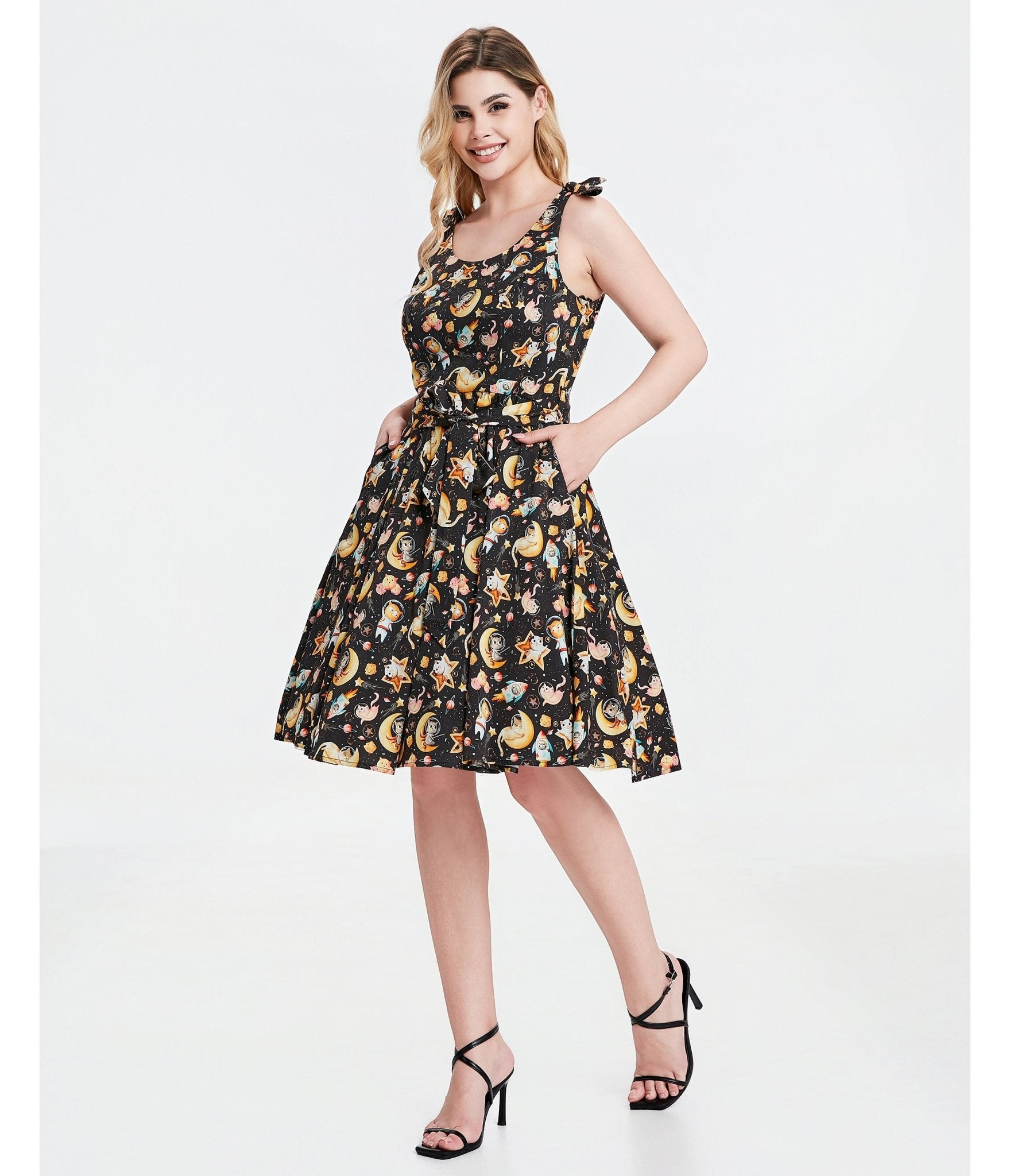 Black Meowgical Galaxy Swing Dress