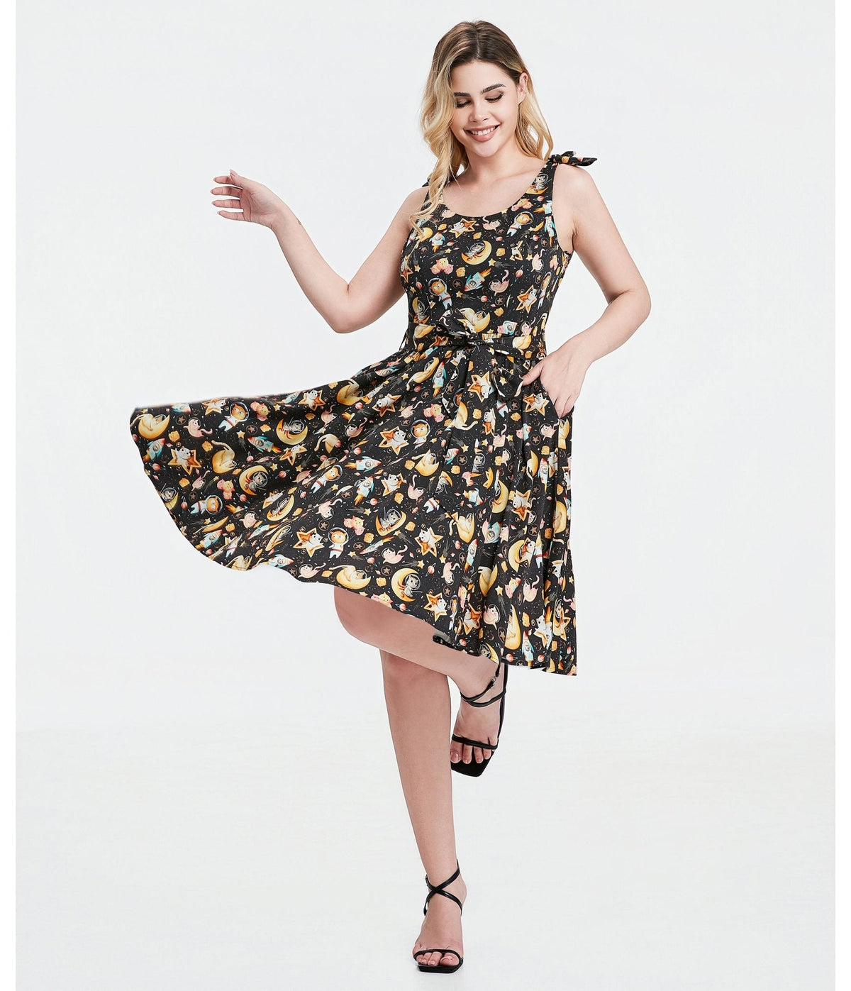 Black Meowgical Galaxy Swing Dress
