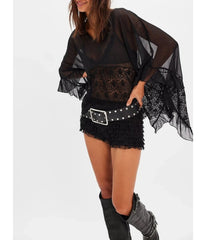 Black Mesh Lace Ruffle Blouse
