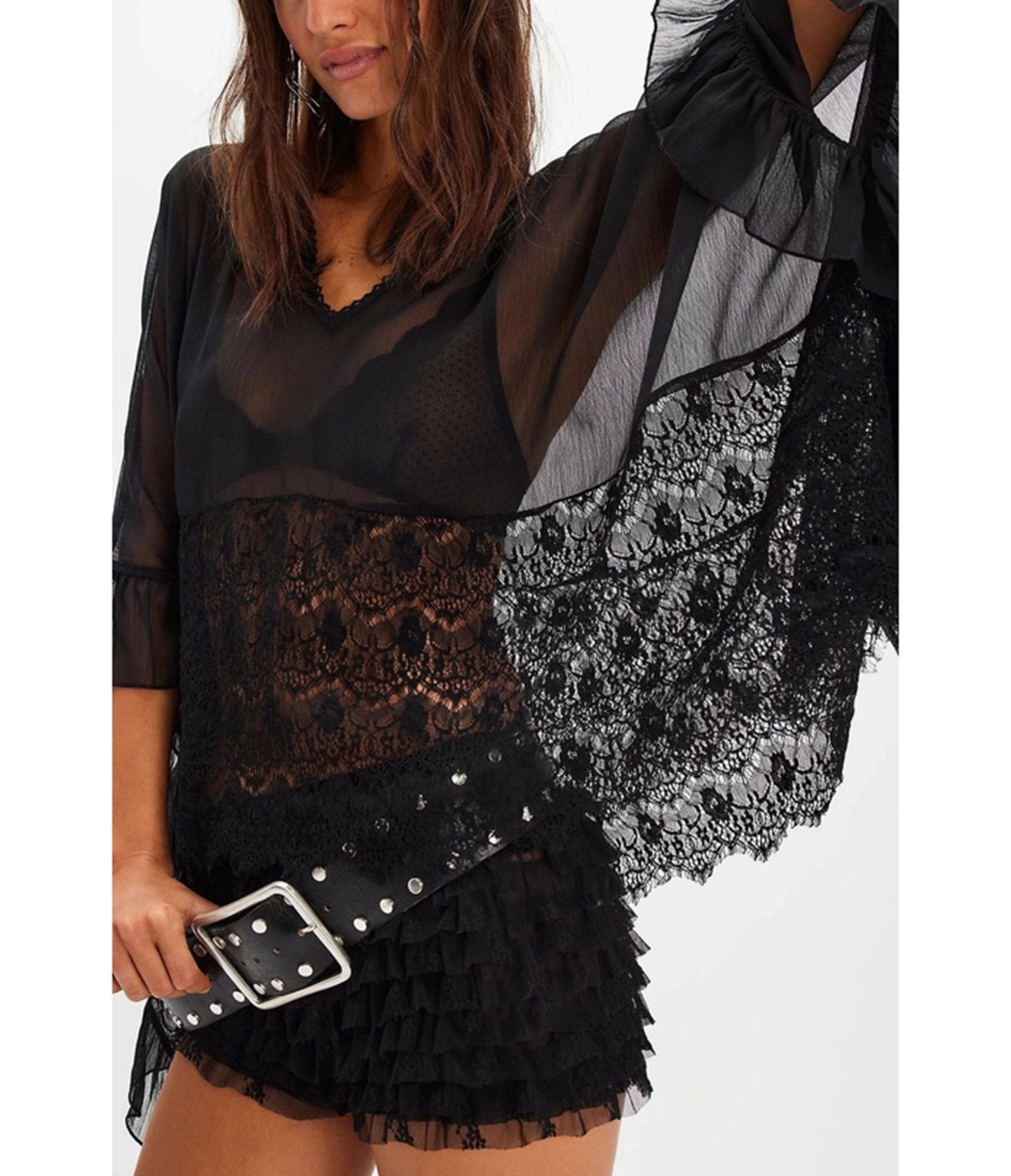 Black Mesh Lace Ruffle Blouse