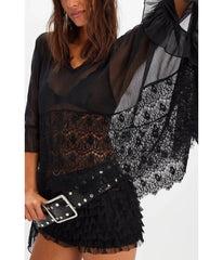 Black Mesh Lace Ruffle Blouse