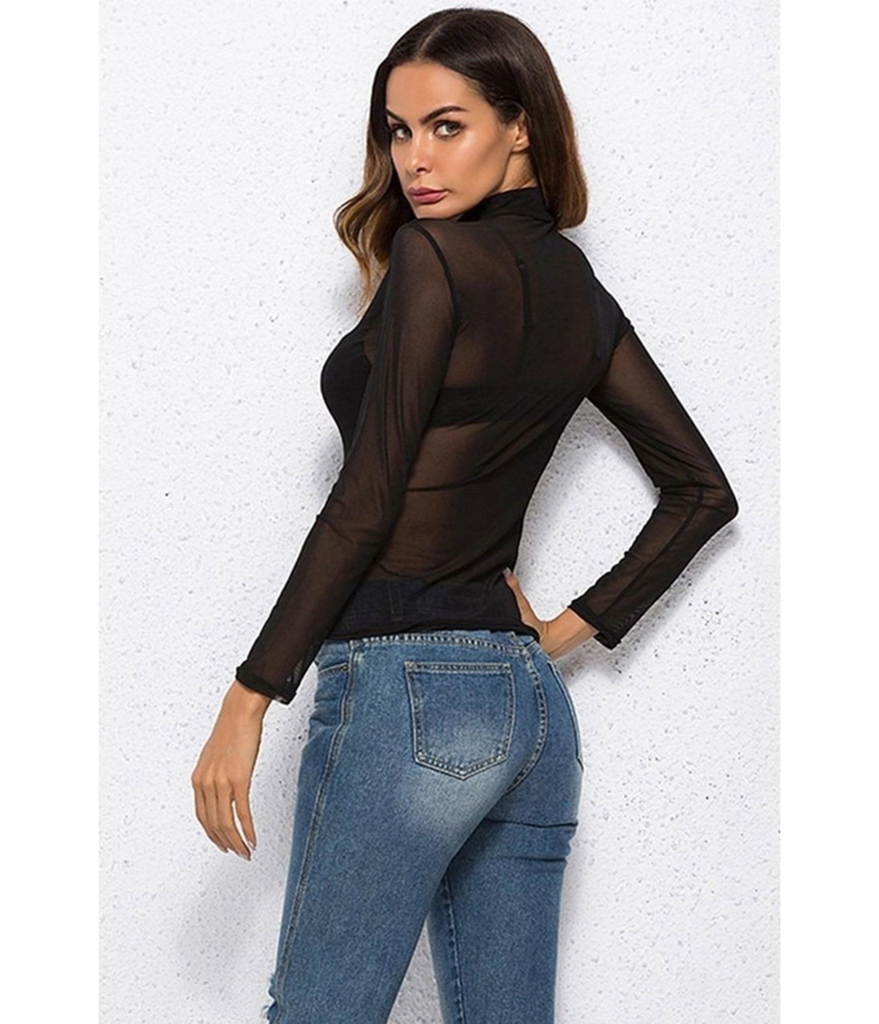 Black Mesh Mock Neck Top