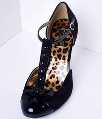 Black Microsuede Button Up T-Strap Heels