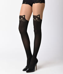 Black & Nude Cat Opaque Pantyhose with Sheer Thigh Accent