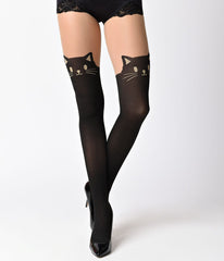Black & Nude Cat Opaque Pantyhose with Sheer Thigh Accent