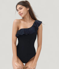 Black One Shoulder Ruffle One Piece Swimsuit