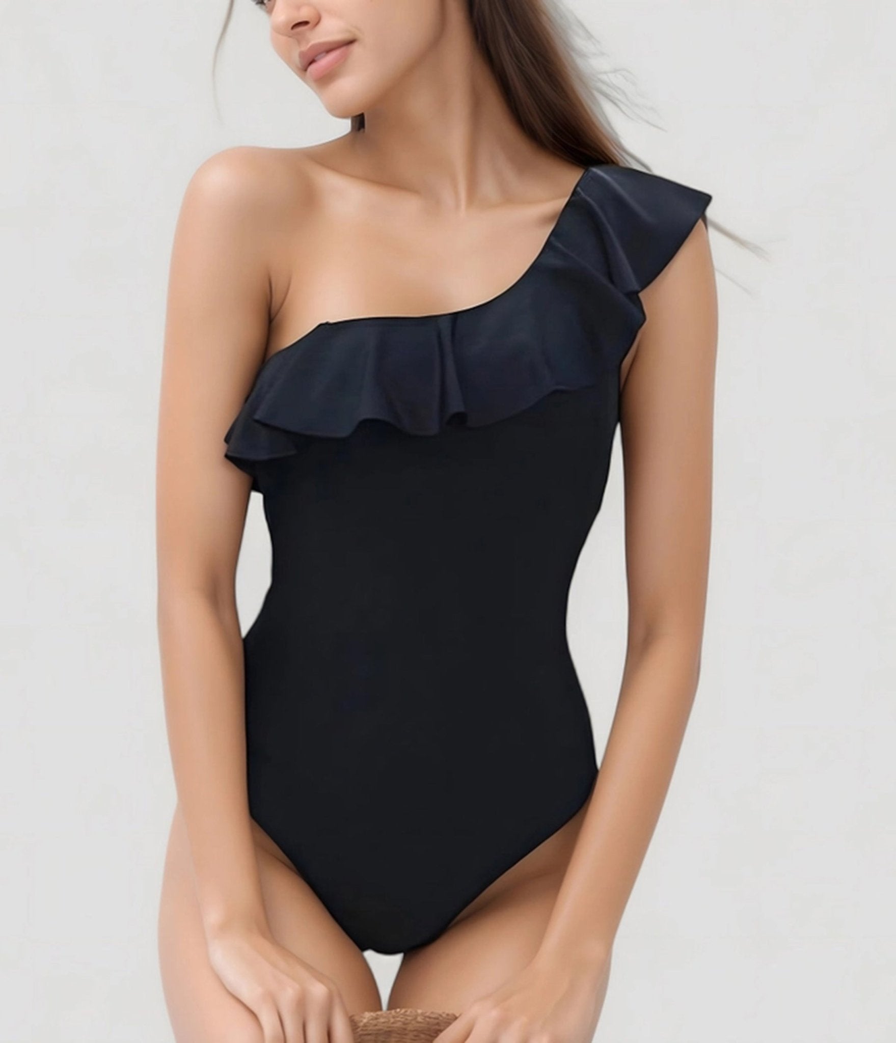 Black One Shoulder Ruffle One Piece Swimsuit