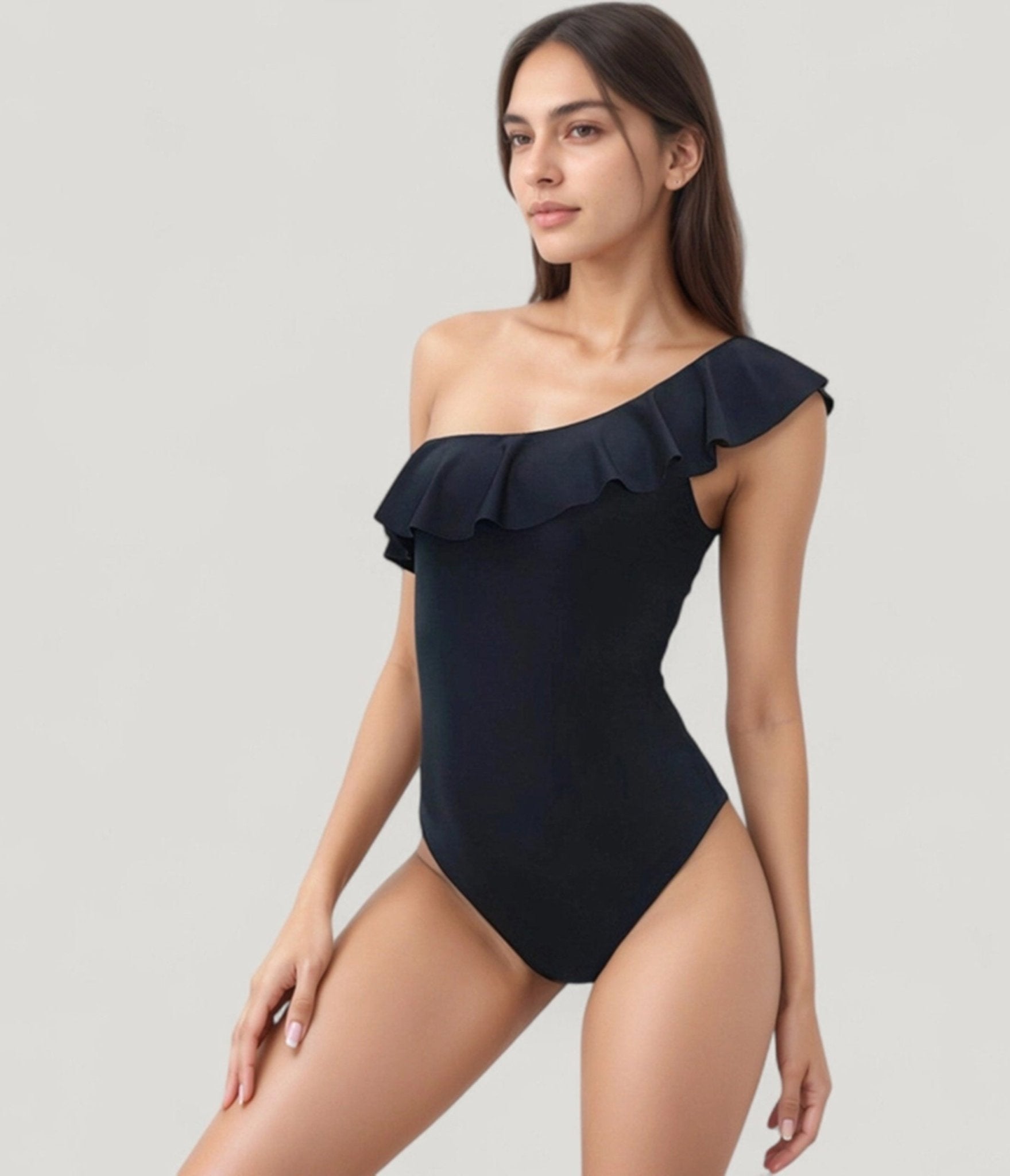 Black One Shoulder Ruffle One Piece Swimsuit