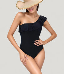 Black One Shoulder Ruffle One Piece Swimsuit