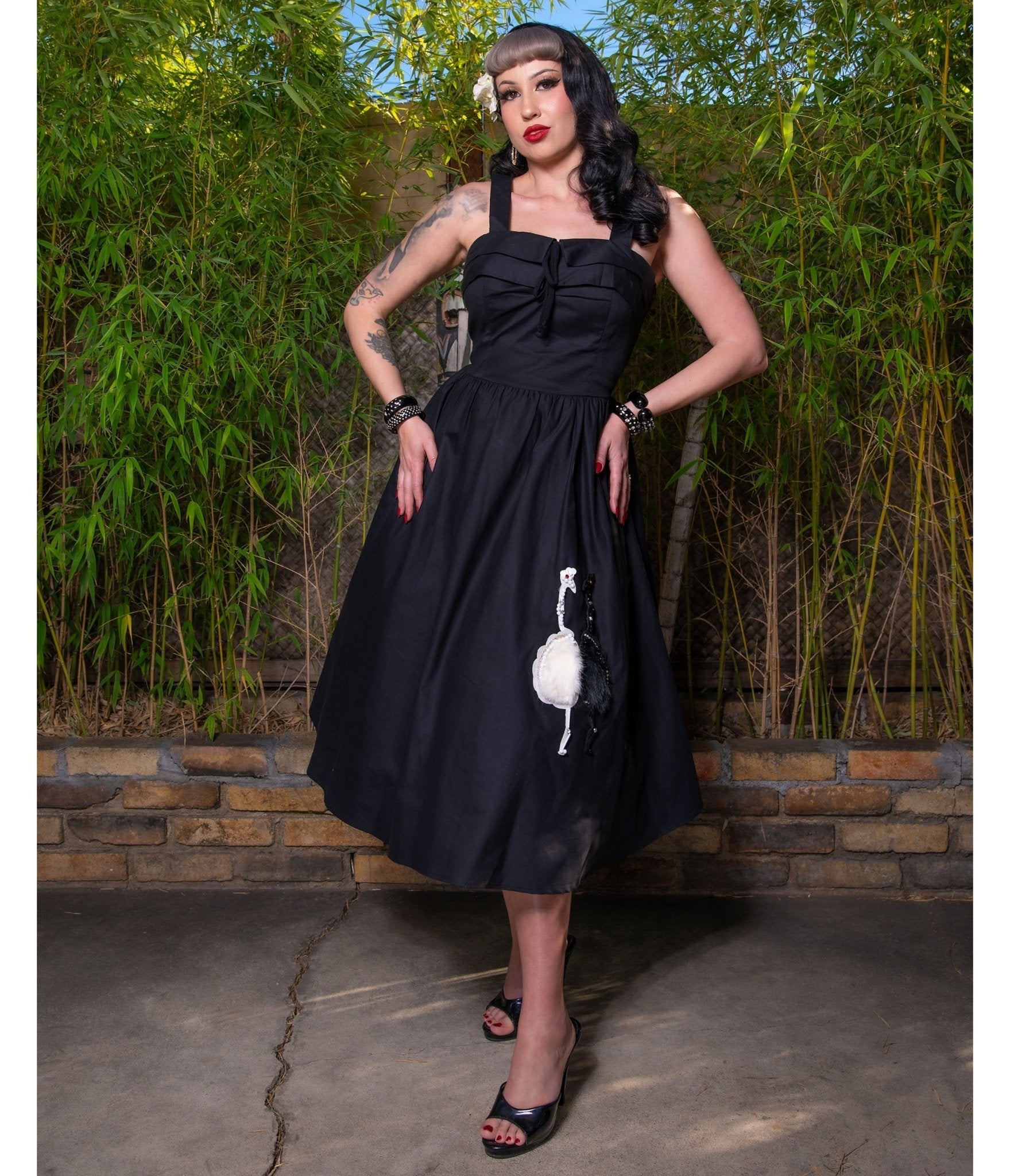 Black Ostrich Applique Swing Dress