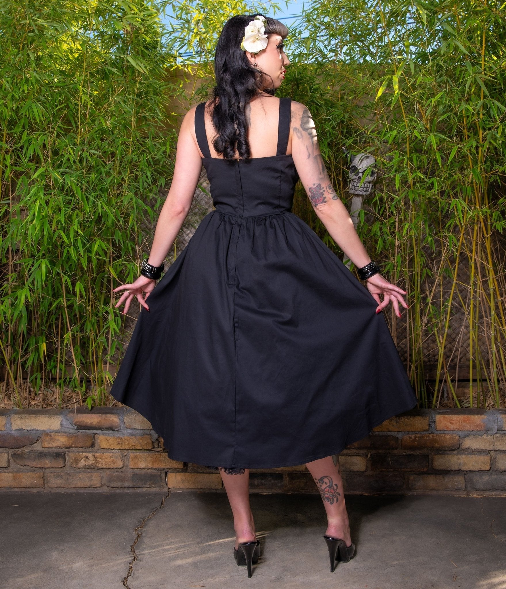 Black Ostrich Applique Swing Dress