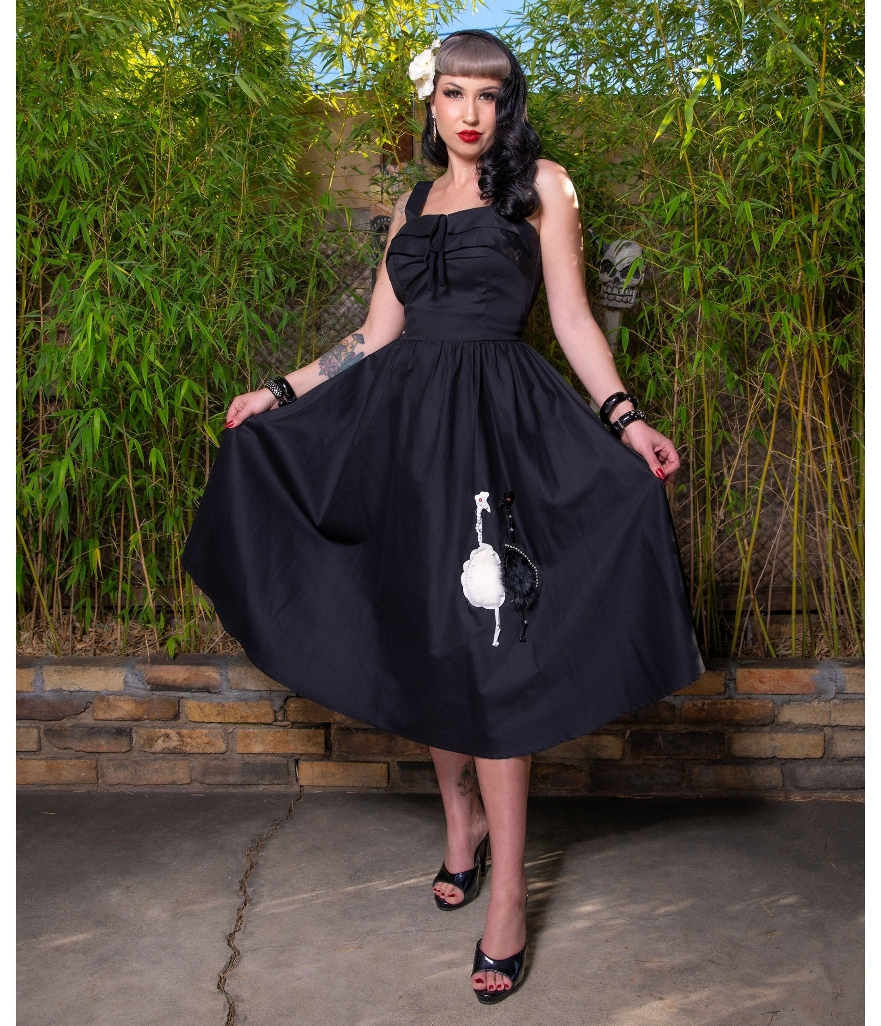 Black Ostrich Applique Swing Dress