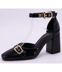 Black Patent Faux Leather Ankle Strap Block Heels