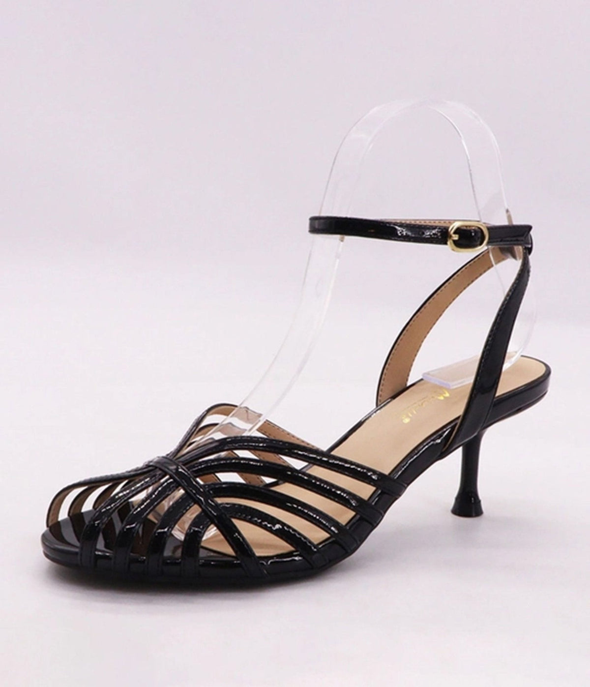 Black Patent Leatherette Strappy Kitten Heels