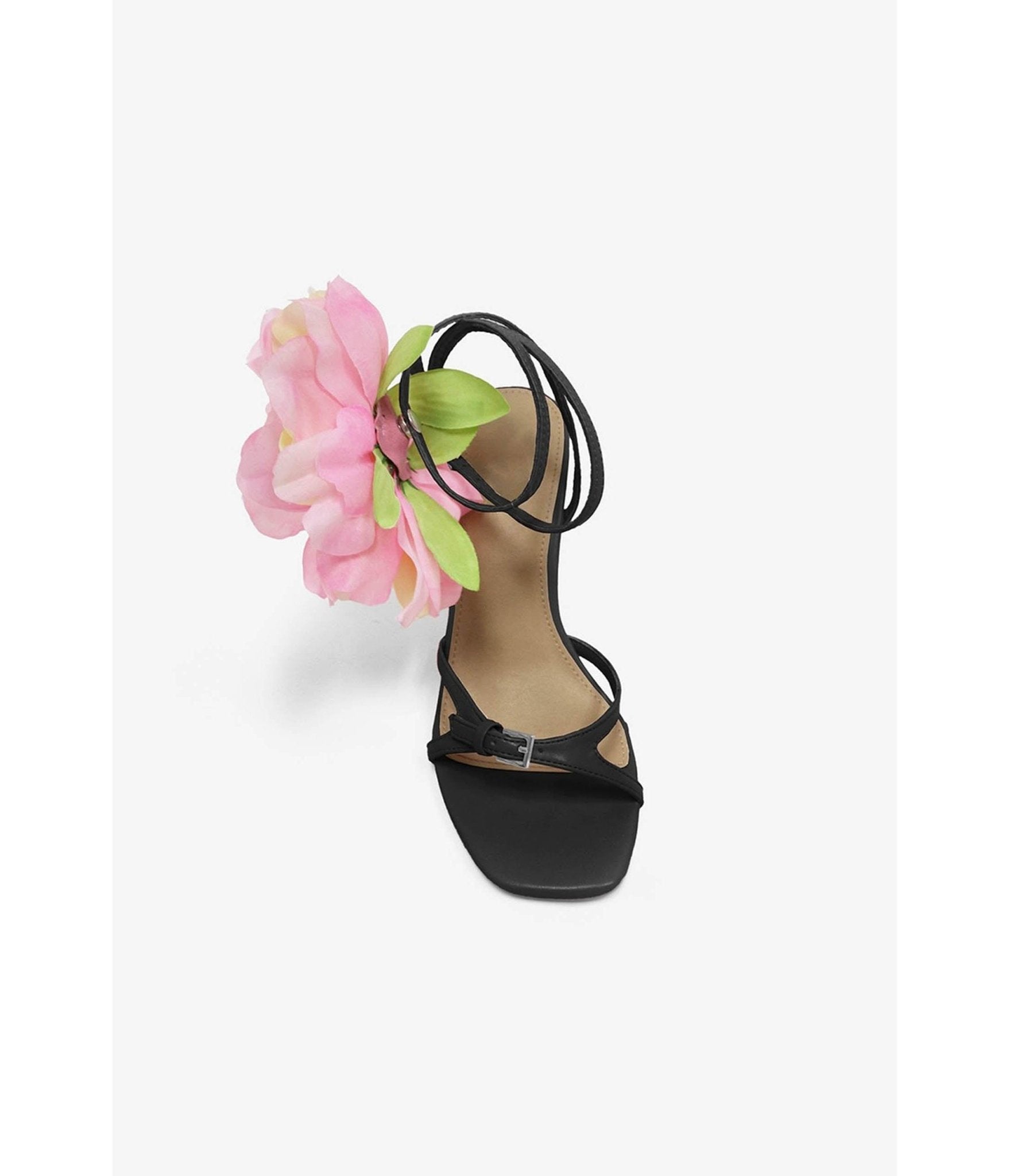 Black & Pink Flower Sandal Heels