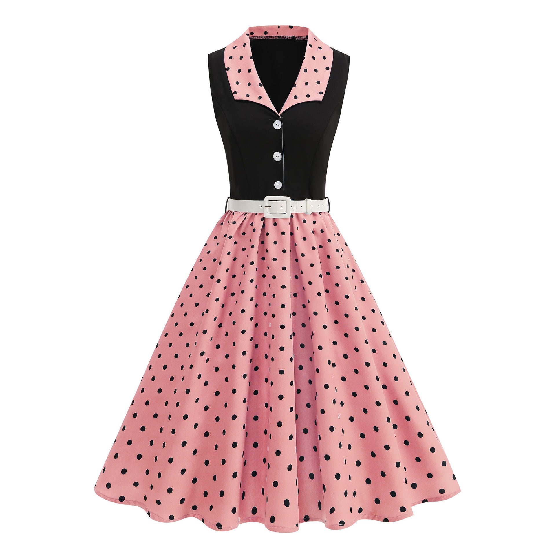Black & Pink Polka Dot Belted Swing Dress
