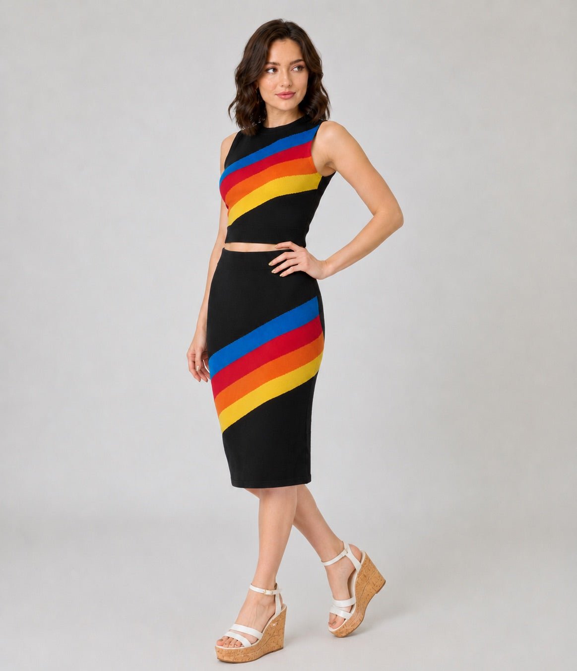 Black Rainbow Stripe Top & Skirt Set