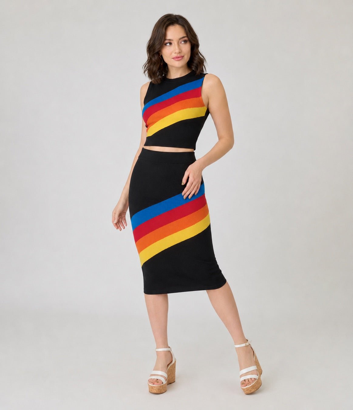 Black Rainbow Stripe Top & Skirt Set
