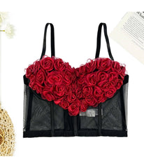 Black & Red Flowers Heart Bustier Crop Top