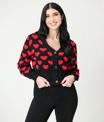 Black & Red Heart Cropped Cardigan