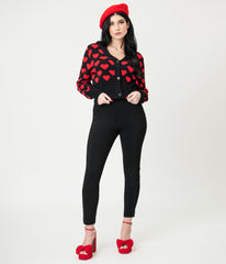 Black & Red Heart Cropped Cardigan