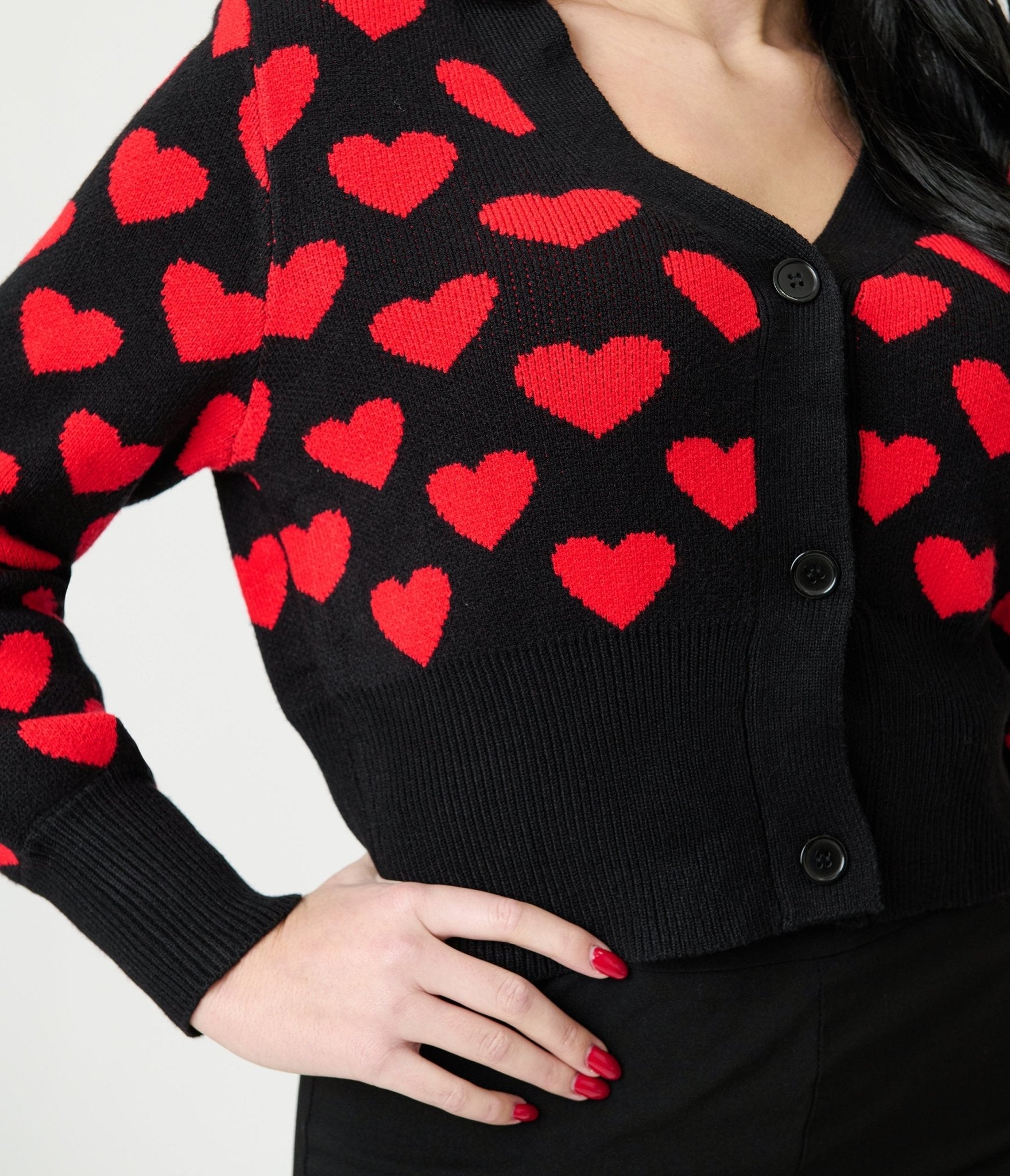 Black & Red Heart Cropped Cardigan