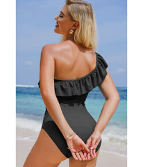 Black Ruffle Trim Asymmetric Neck One Piece Swimsuit